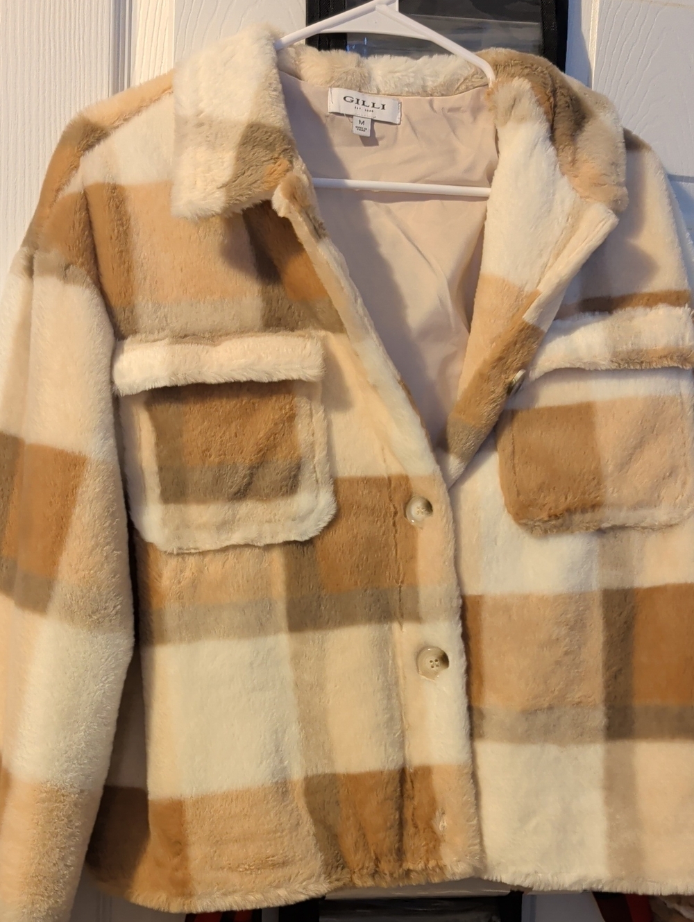Gilli Cream & Tan Plaid Faux-Fur Teddy Jacket